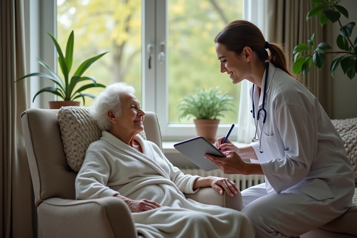Jeune infirmier notant des soins sur une tablette aupr&egrave;s d une patiente &acirc;g&eacute;e