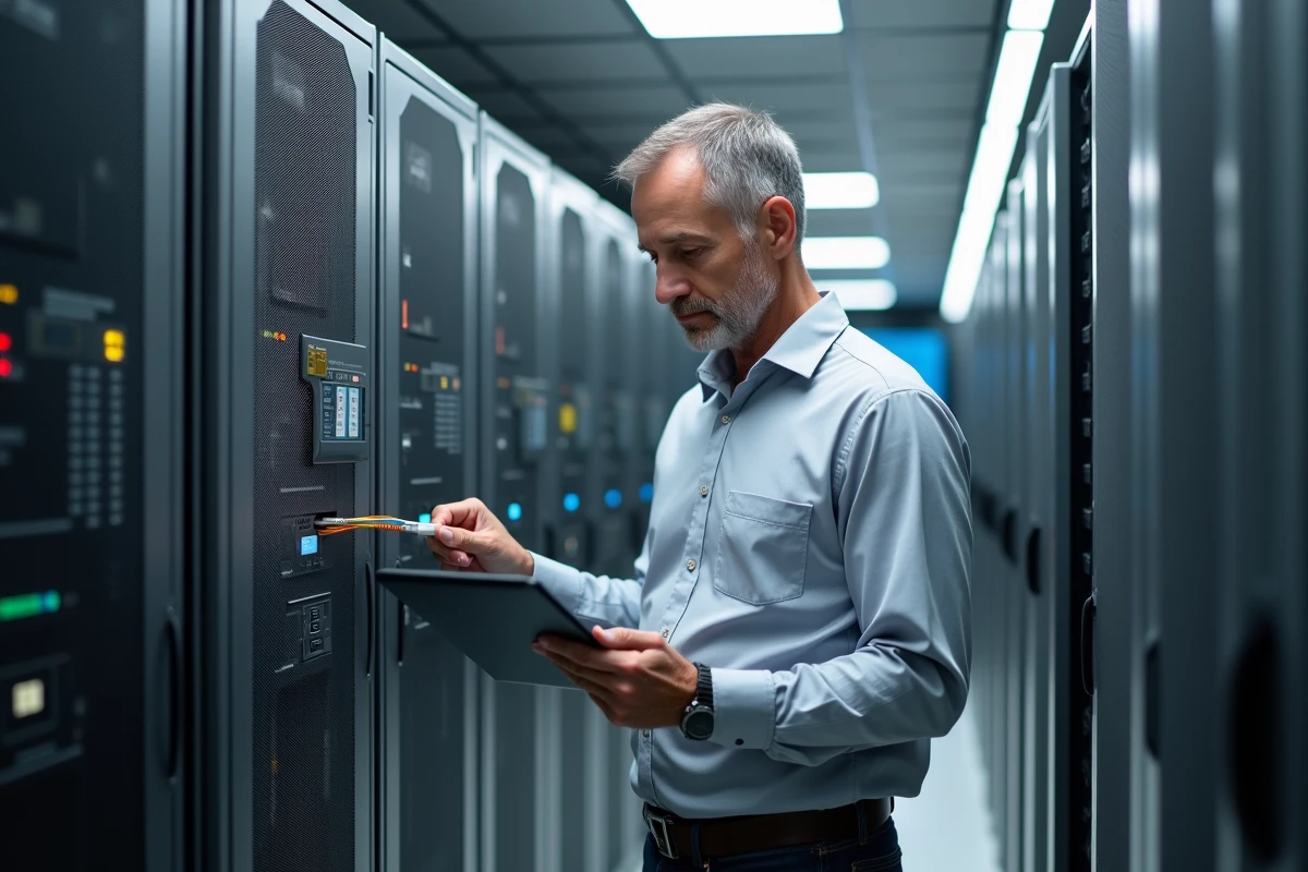 Administrateur systèmes de santé connectant une infrastructure réseau dans un datacenter hospitalier pour intégrer des logiciels métiers médicaux