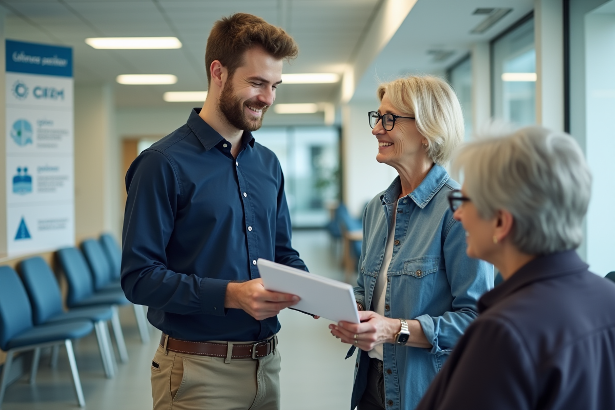 Agent administratif remettant un document CPAM à une femme dans une salle d