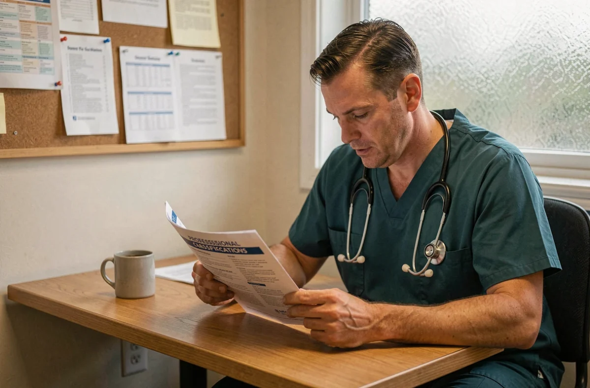 Aide soignant masculin lisant une brochure sur la classification professionnelle dans une salle de pause médicale
