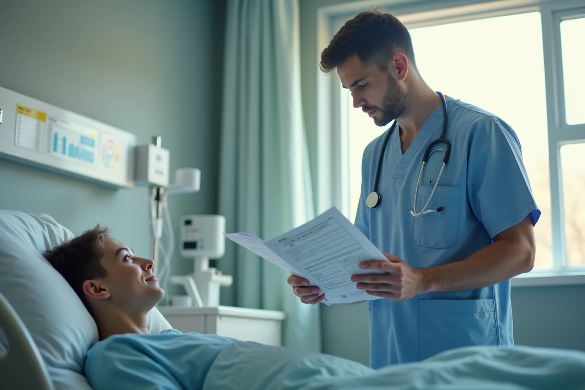 Aide-soignant v&eacute;rifiant un protocole papier au lit d