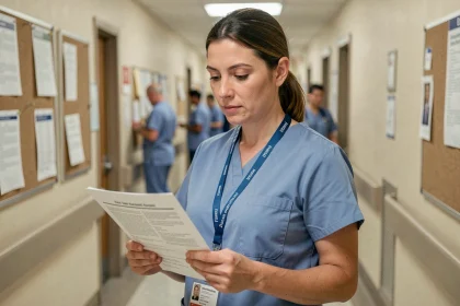 Aide soignante en tenue médicale consultant un document dans un couloir d'hôpital, illustrant les droits et la catégorie professionnelle