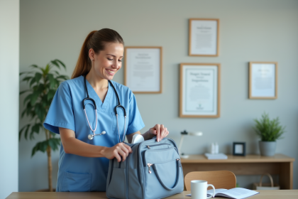 Aide-soignante en scrubs bleus dans un bureau moderne