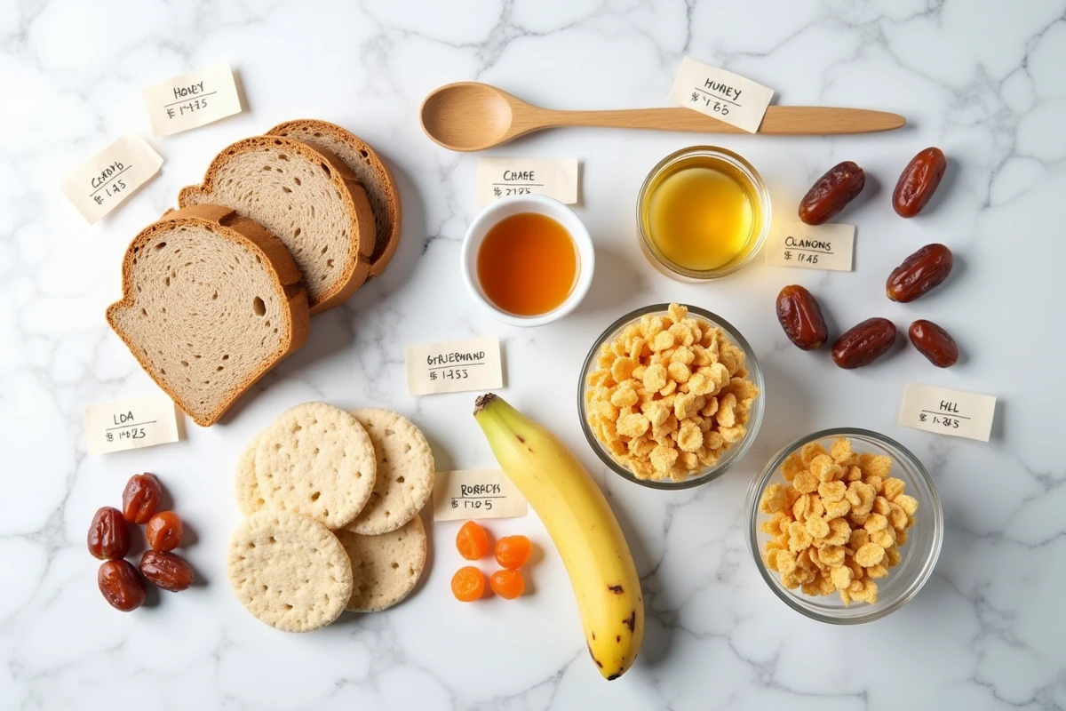 Tableau d'aliments sains avec leurs valeurs d'index glycémique élevé sur marbre blanc