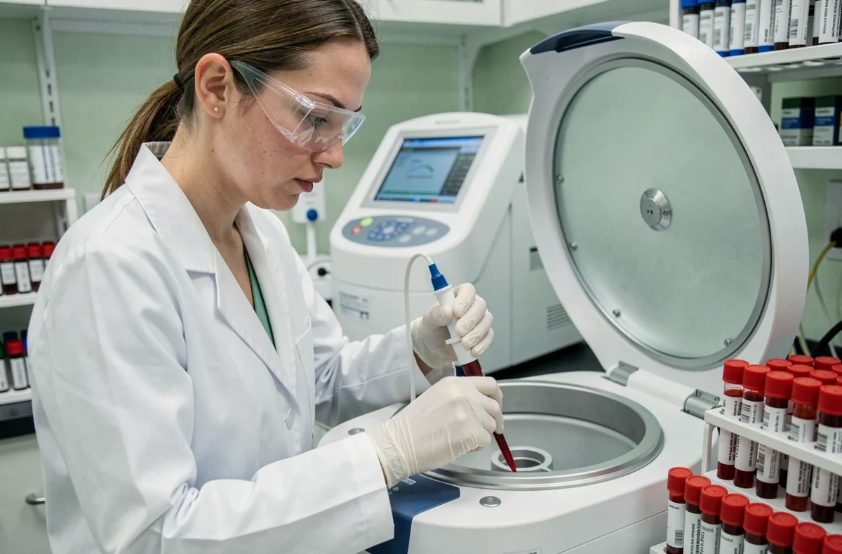 Technicienne de laboratoire analysant un tube de sang pour mesurer les marqueurs biologiques LDH lors d'un suivi de chimiothérapie