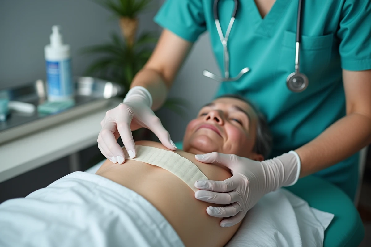 Soignante appliquant un pansement hydrocolloïde sur la zone sacrée d'un patient âgé pour traiter une escarre fessière