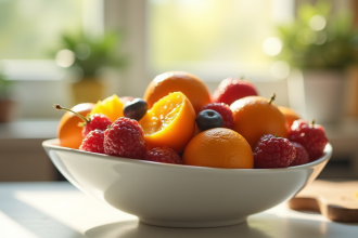 Assortiment de fruits riches en vitamine D sur un bol lumineux