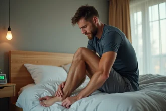 Athlète homme se massant le mollet dans sa chambre moderne