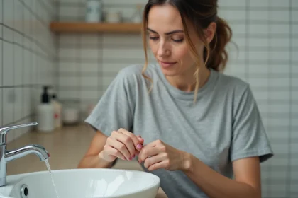Femme trempant un doigt avec un ongle arraché dans un bol d'eau tiède pour favoriser la cicatrisation