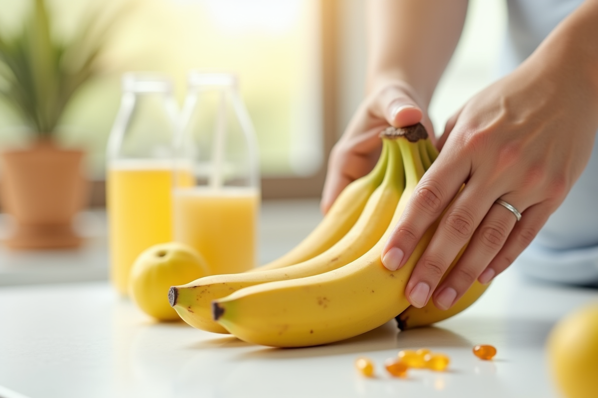Main repoussant des bananes mûres avec vitamines prénatales à côté