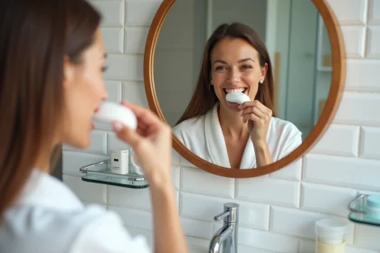 Femme appliquant un kit de blanchiment dentaire à domicile devant son miroir de salle de bain