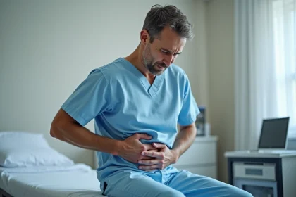 Homme adulte chez le médecin palpant une douleur dans l'aine avec une expression inquiète lors d'une consultation médicale