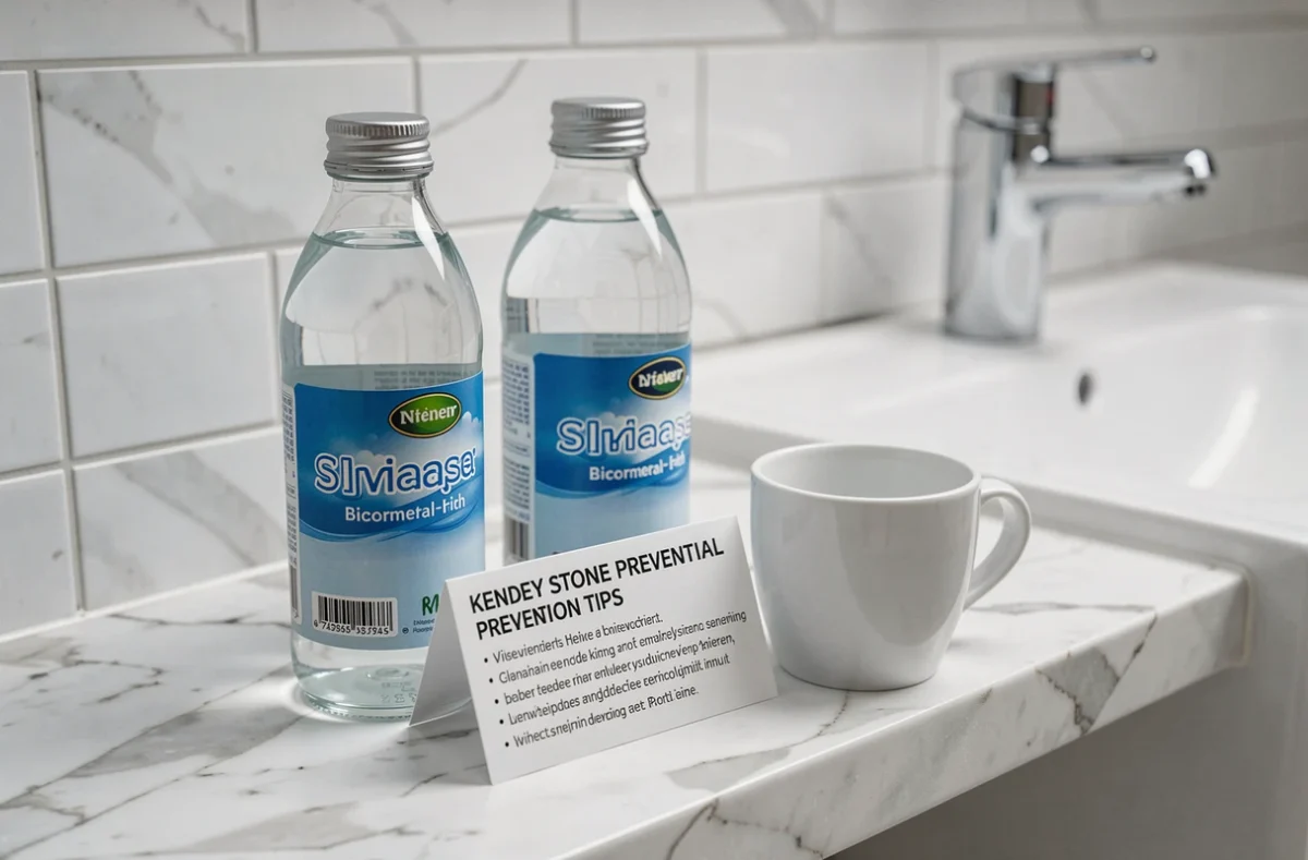 Bouteilles d'eau minérale riche en bicarbonate sur une étagère de salle de bain avec fiche de conseils pour les coliques néphrétiques