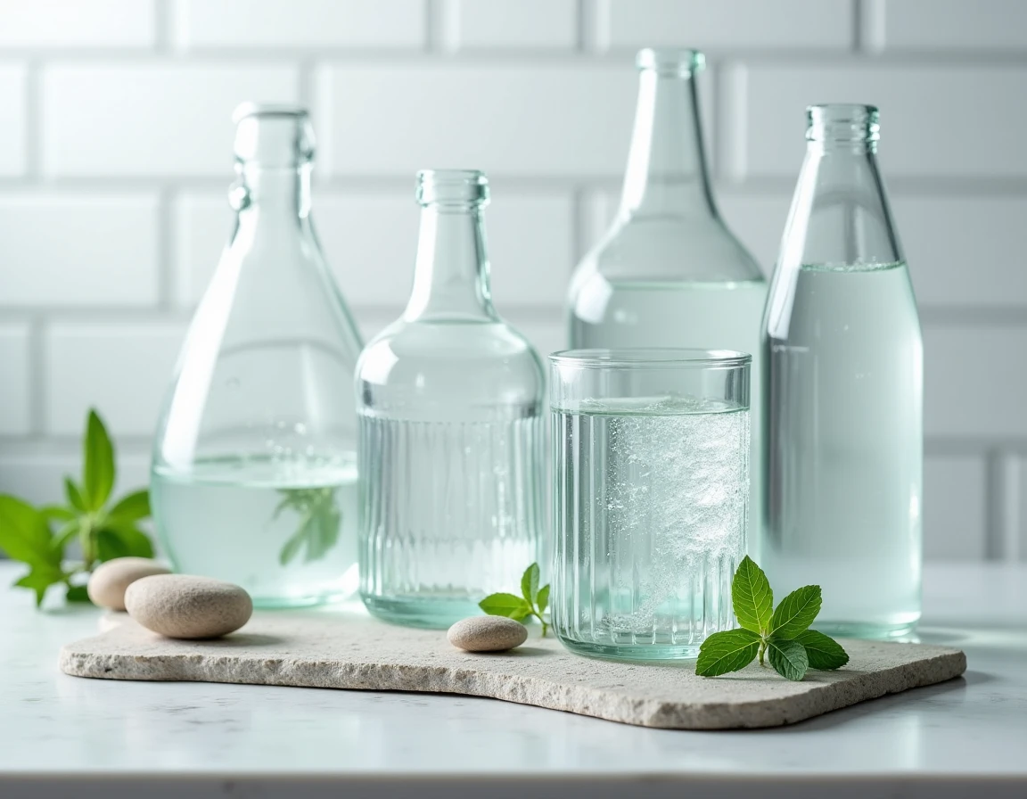 Bouteilles et carafes d'eau minérale sur une surface en pierre naturelle, comparaison des eaux pour la santé rénale