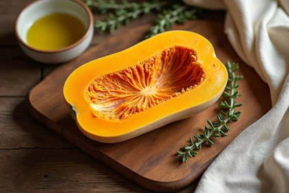 Courge butternut coupée en deux sur une planche en bois rustique, avec sa chair orange vive et ses graines, prête à être cuisinée au four