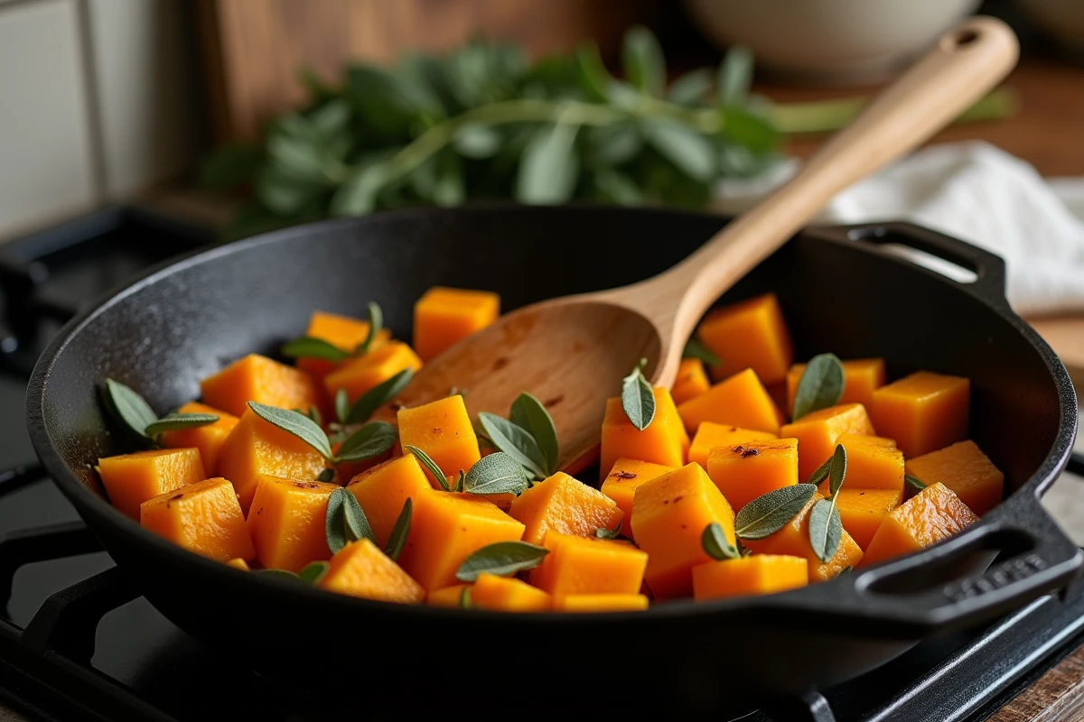 Dés de butternut dorés et caramélisés dans une poêle en fonte avec des feuilles de sauge, cuisson à la poêle pour un résultat savoureux