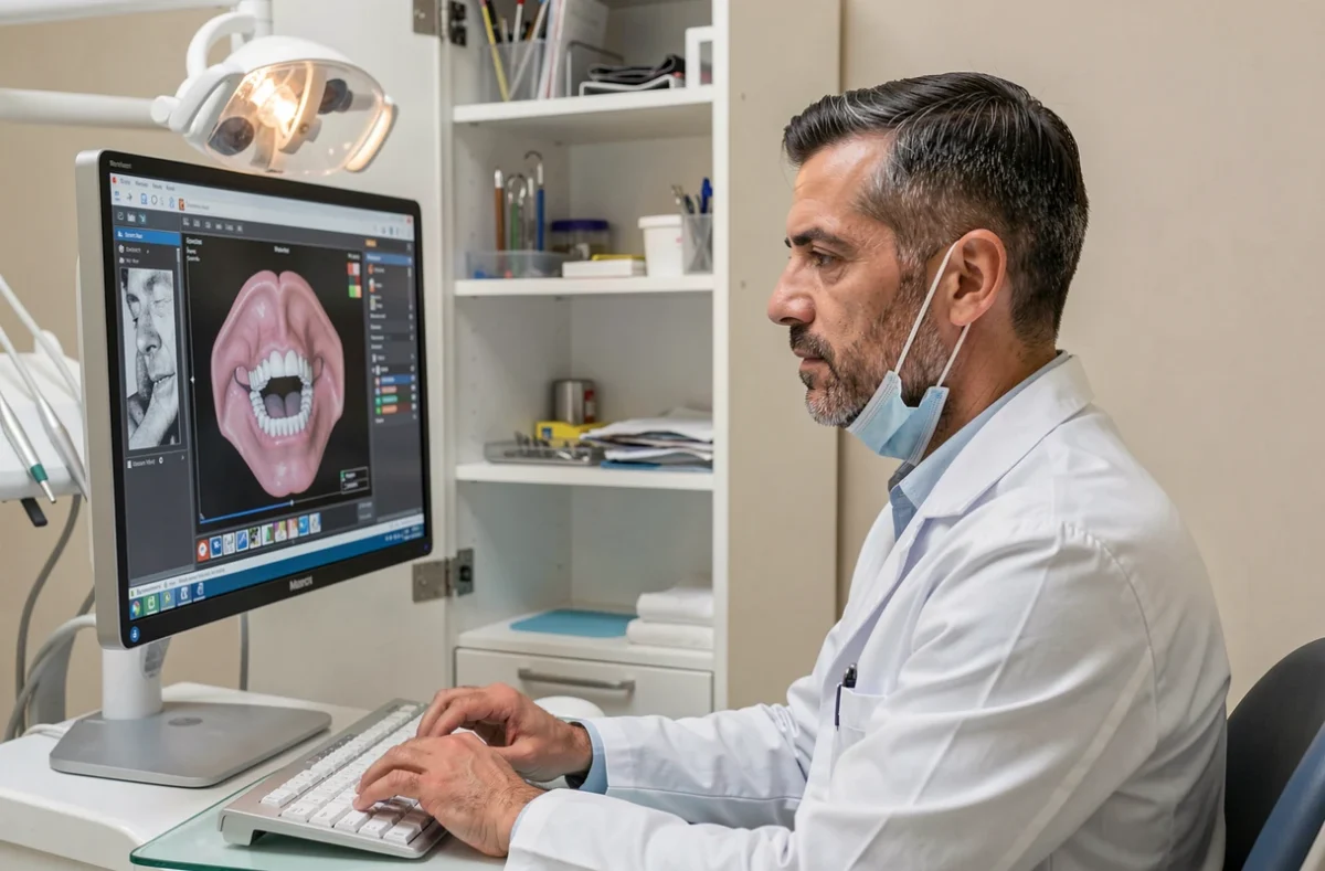Le dentiste Maen Taybi analysant un scanner dentaire 3D dans son cabinet dentaire