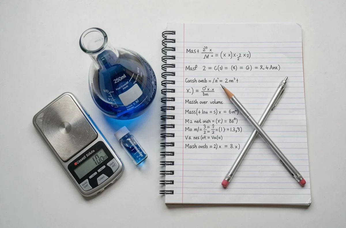 Vue de dessus d'un bureau de laboratoire avec fiole de solution bleue, balance numérique et cahier de calculs de concentration massique