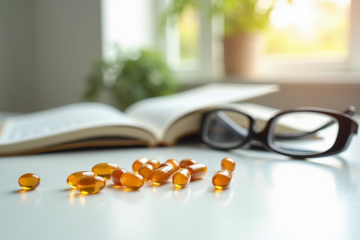 Capsules de vitamine B12 renversées sur une table blanche