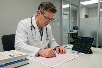 Cardiologue analysant un tracé ECG montrant des signes d'hypokaliémie sur un bureau médical
