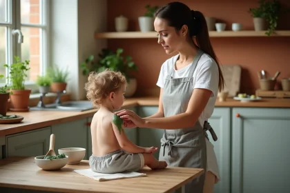 Mère appliquant un cataplasme d'argile verte dans le dos d'un jeune enfant assis sur une table en bois dans une cuisine familiale