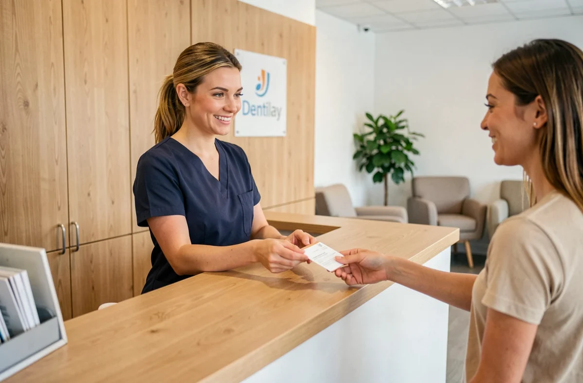 Réceptionniste du Centre Dentaire Dentilay à Épinay-sur-Seine remettant un rendez-vous à un patient souriant