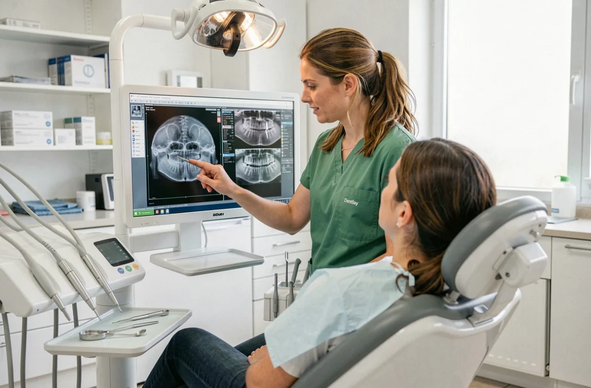 Dentiste du Centre Dentaire Dentilay à La Plaine Saint-Denis examinant des radiographies avec un patient