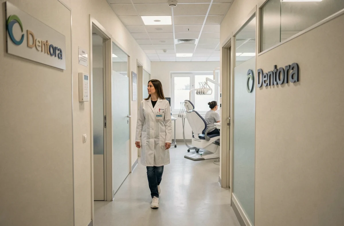 Couloir du Centre Dentaire Dentora à Aubervilliers avec une dentiste accompagnant un patient vers la salle de soins