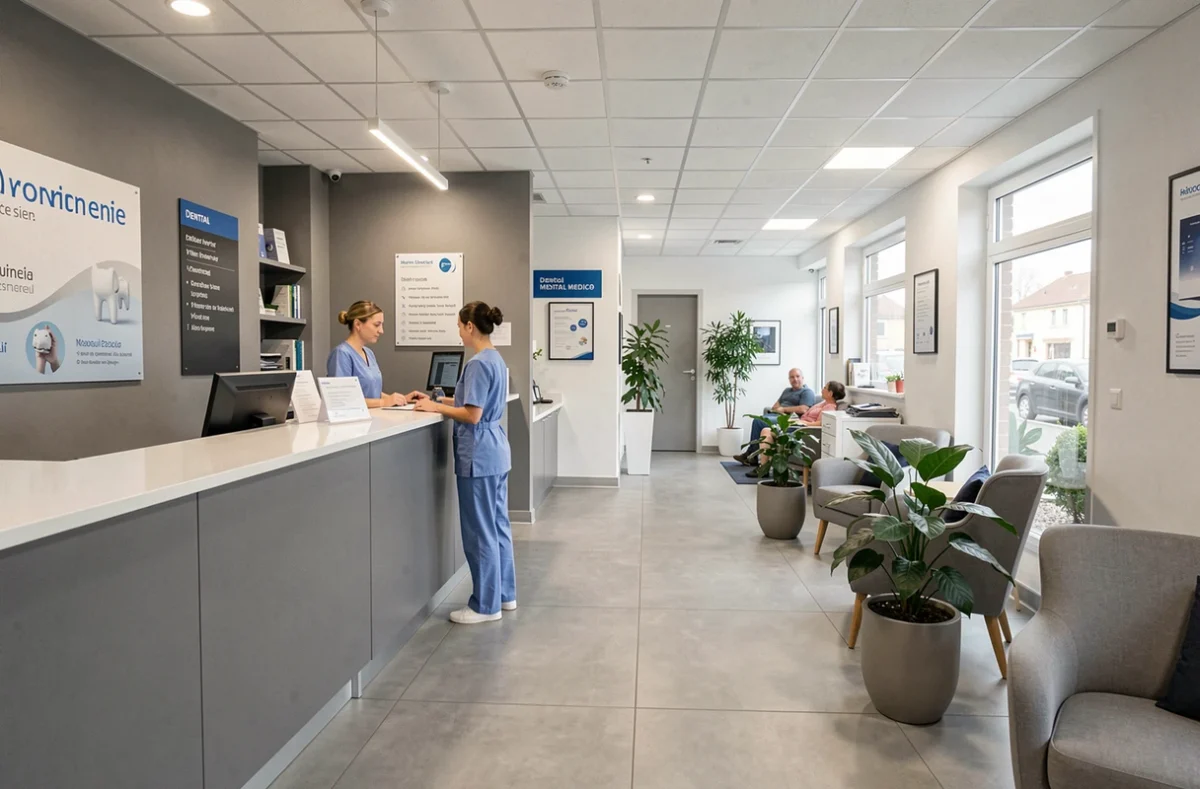 Accueil spacieux du Centre Dentaire et Médical Medident à Montreuil avec personnel soignant et patients