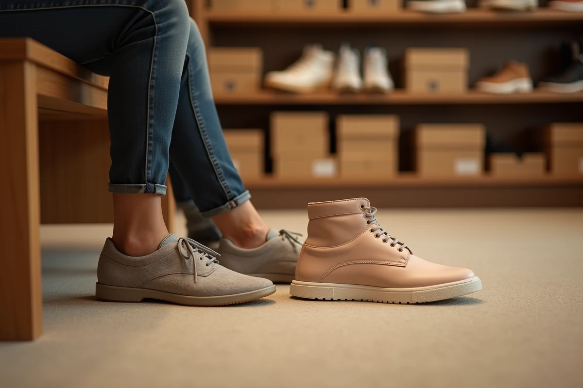 Personne assise dans un magasin de chaussures comparant différents modèles adaptés à la morphologie du pied égyptien posés sur un sol en moquette beige