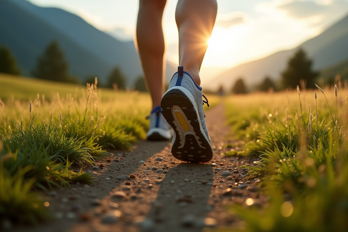 Chaussures de sport sur un sentier rural au lever du soleil