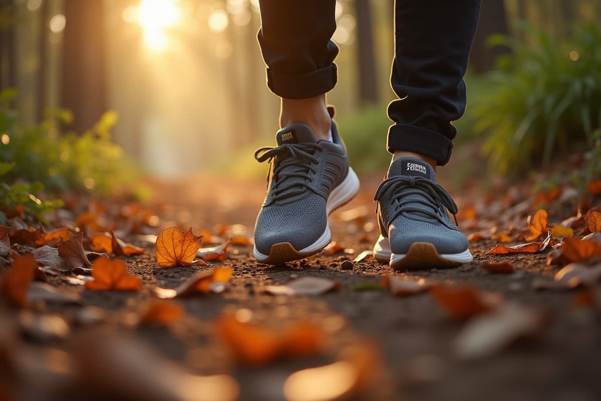 Baskets sur un sentier boise avec feuilles en matinée