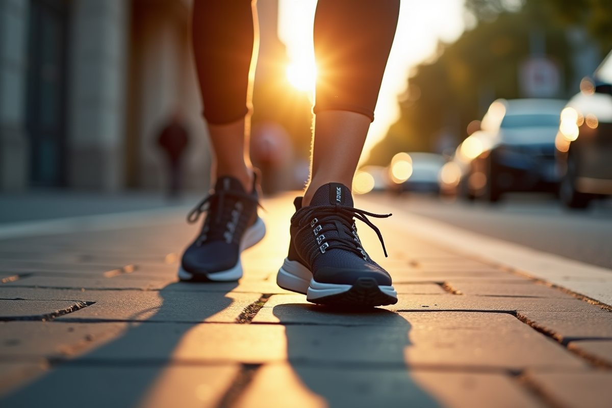 Détail de chaussures sportives touchant le trottoir en matinée