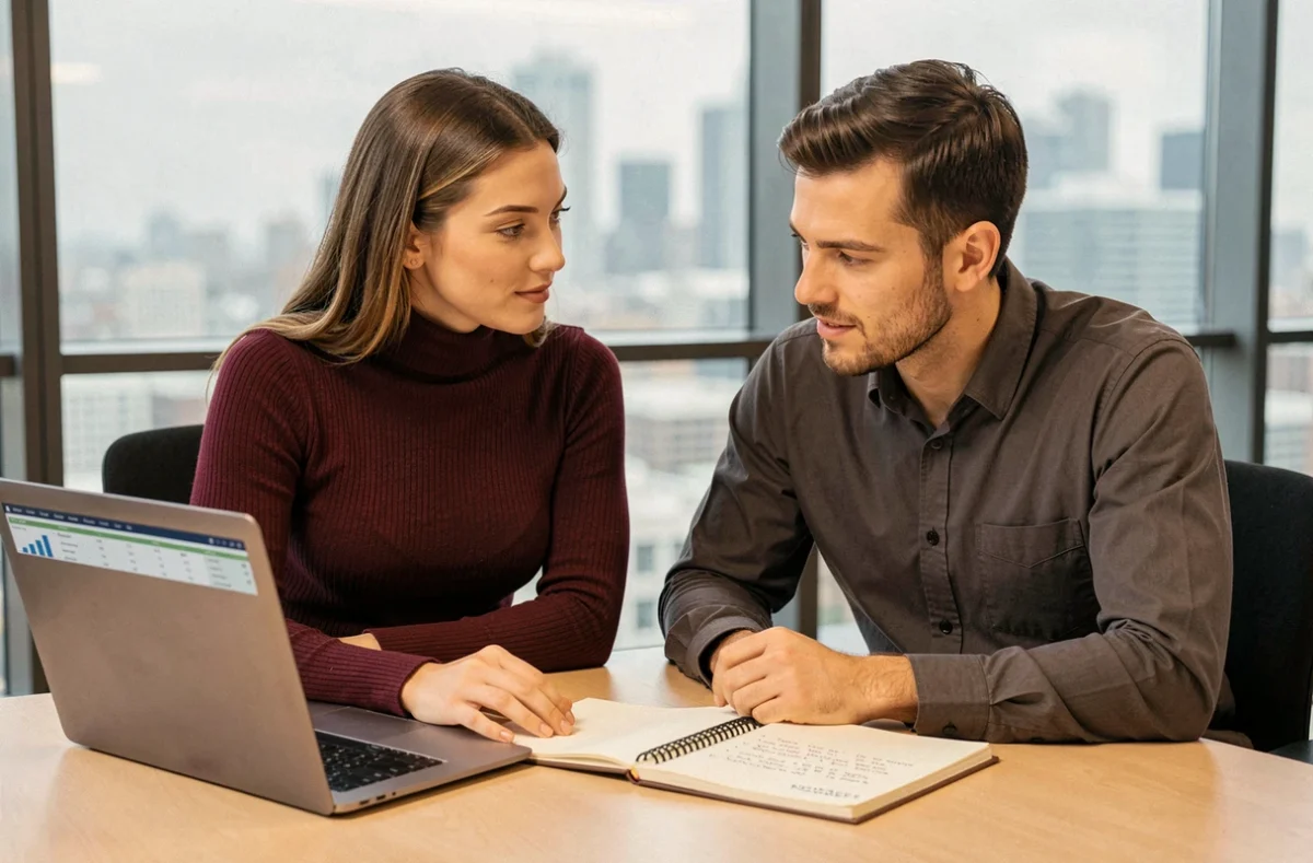 Deux collègues collaborant sur une stratégie de business intelligence avec un ordinateur portable et des notes manuscrites