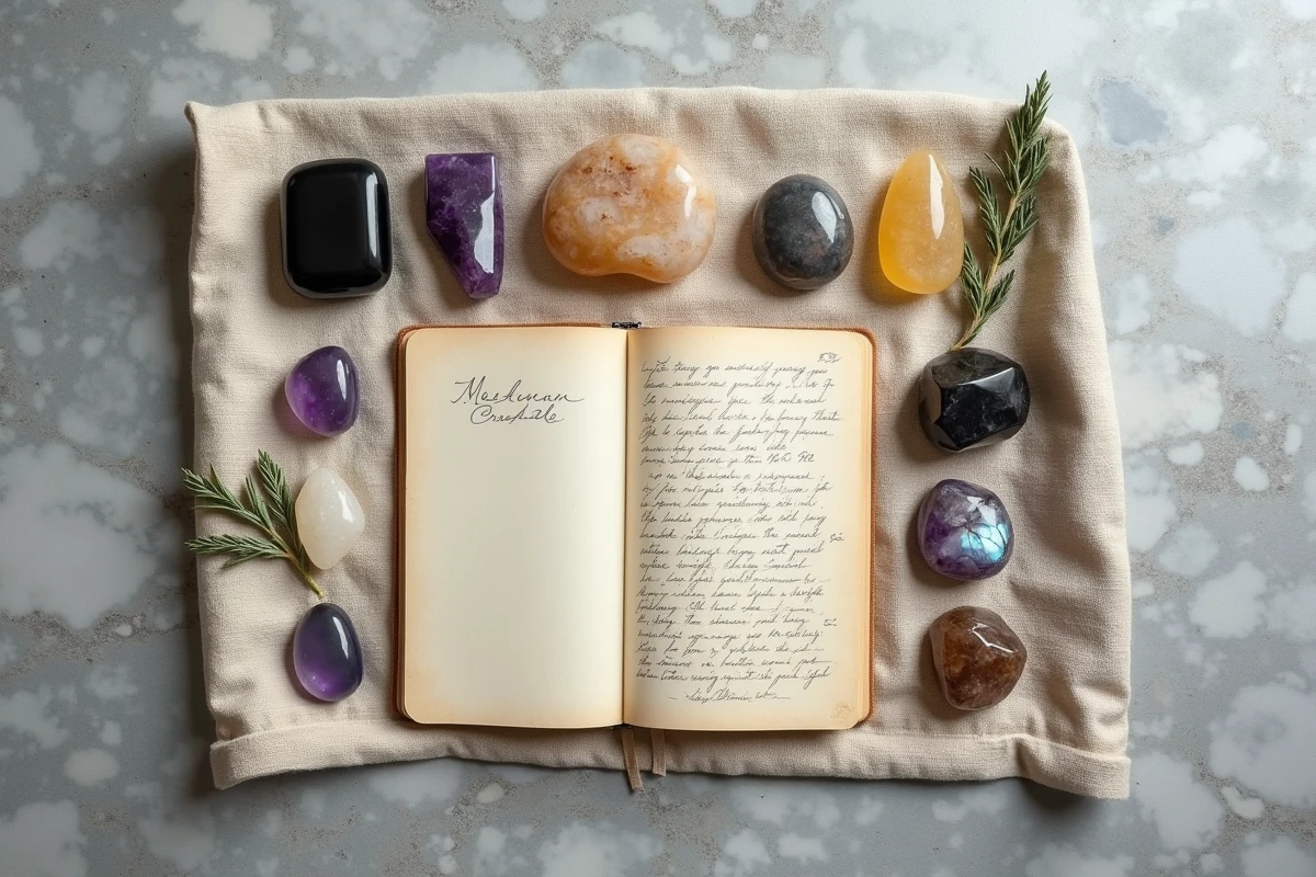 Collection de pierres de vie et cristaux de guérison avec notes manuscrites pour identifier sa pierre d'âme