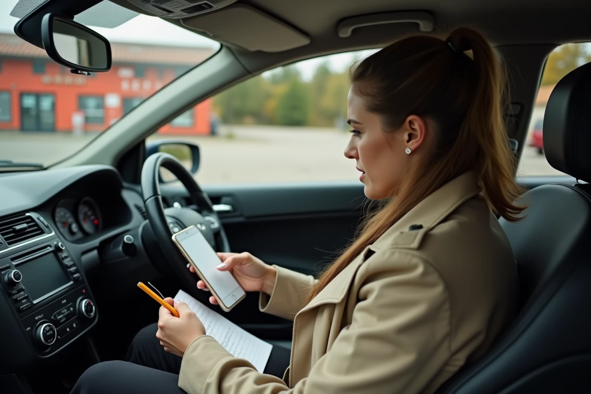 Une femme consulte son téléphone pour comparer les prix des cigarettes en Belgique depuis sa voiture garée devant un tabac frontalier
