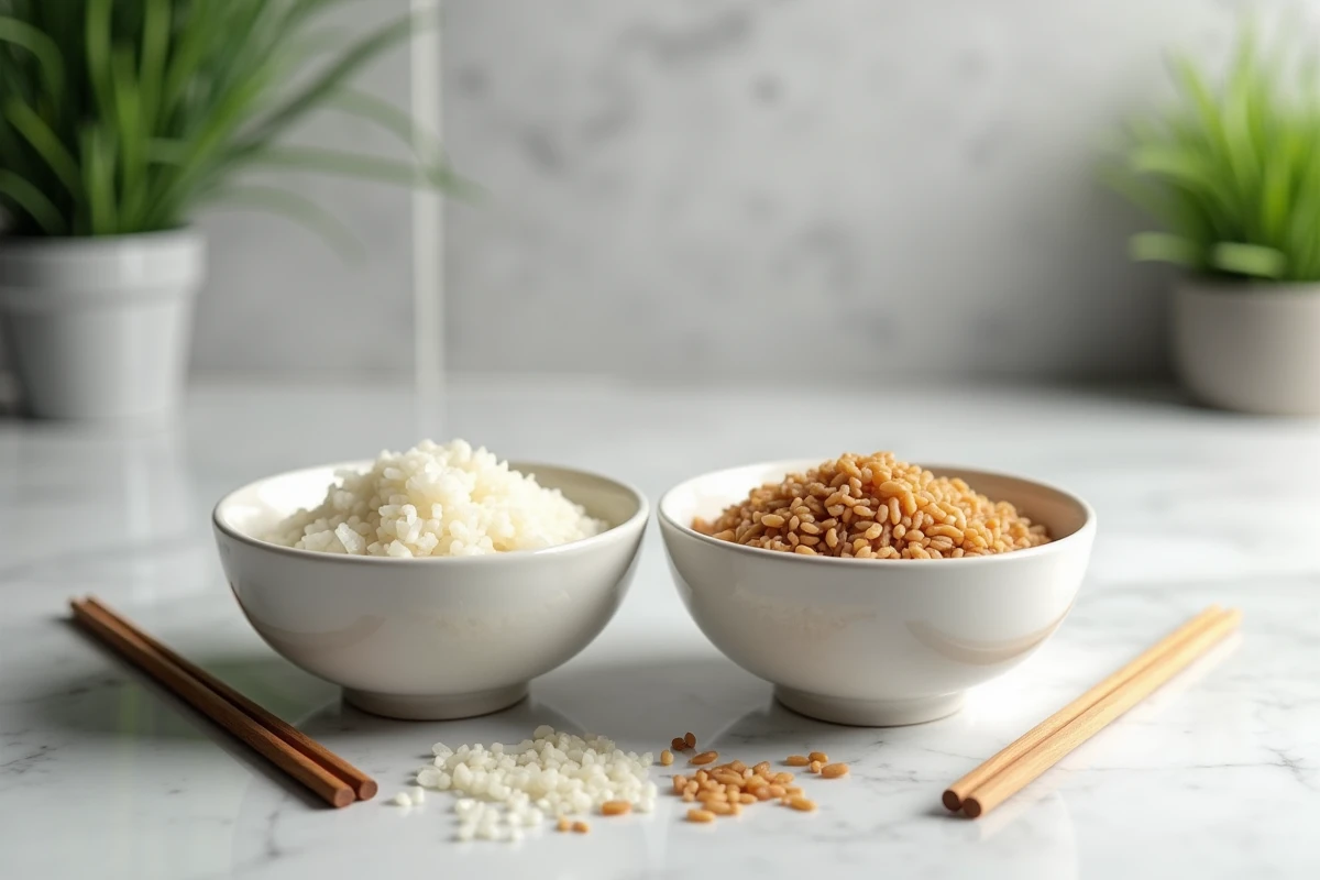Deux bols côte à côte avec du riz blanc et du riz complet cuits pour comparer leur texture et couleur