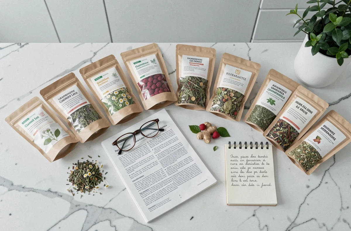 Diverses boîtes de tisanes et plantes séchées disposées sur un comptoir en marbre avec des notes manuscrites sur les compositions