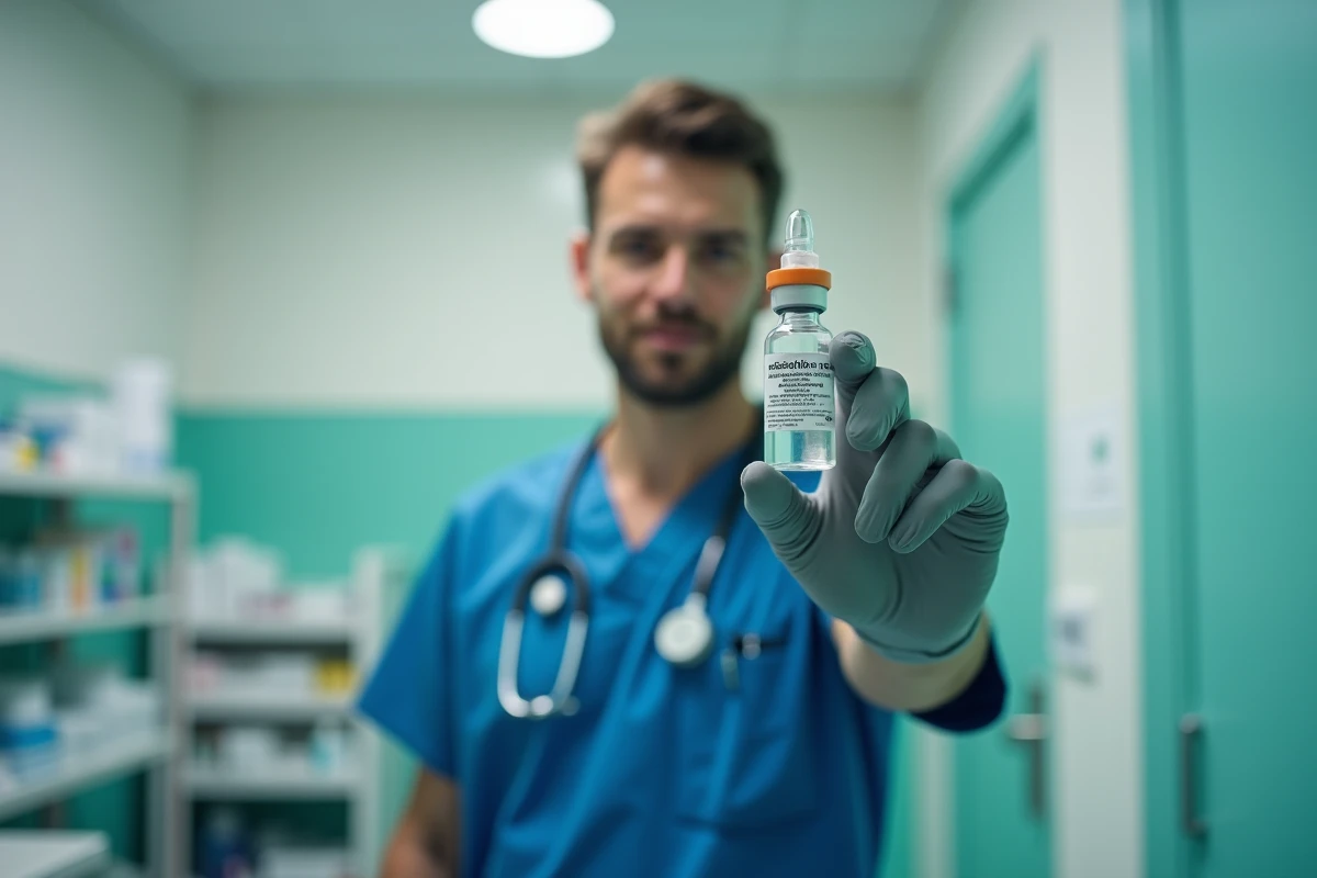 Infirmier lisant l'étiquette d'une ampoule de sérum physiologique stérile dans une salle de soins hospitalière