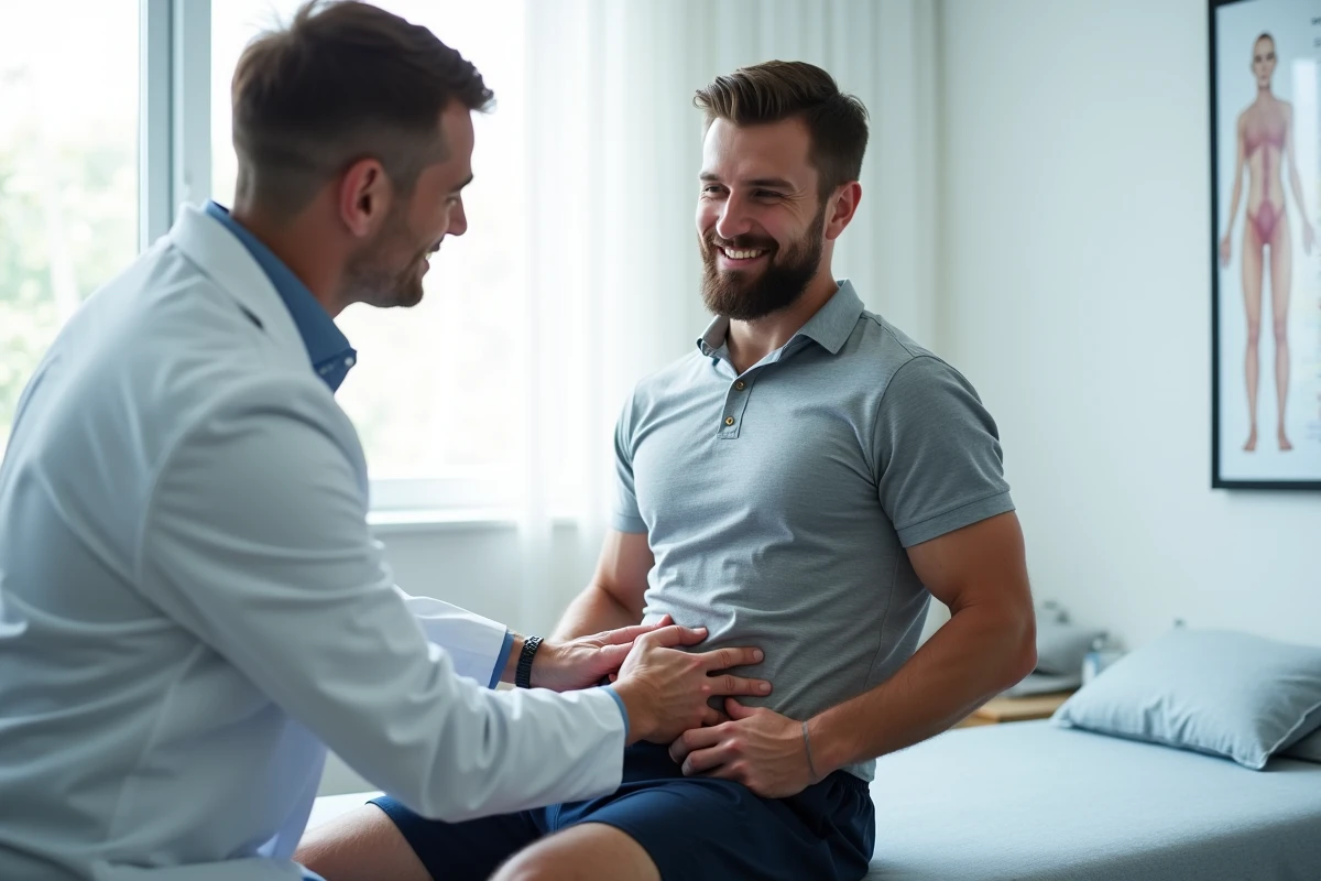 Médecin du sport examinant la zone sous les côtes droites d'un sportif lors d'une consultation médicale