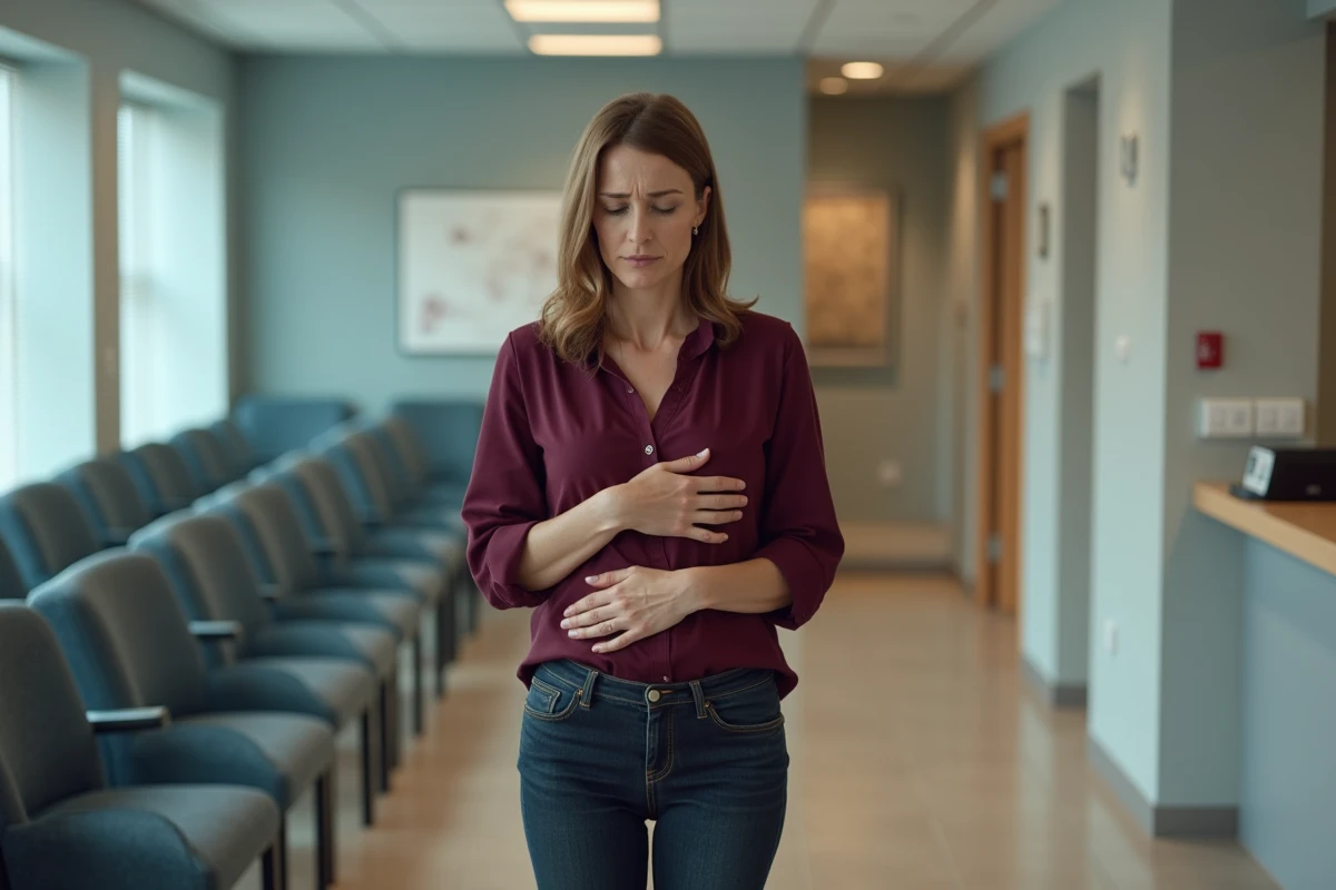 Femme en salle d'attente médicale tenant son abdomen gauche, illustrant une consultation pour douleur au bas ventre