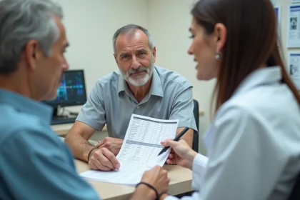 Consultation médicale avec analyse de résultats de prise de sang montrant des gamma GT élevés