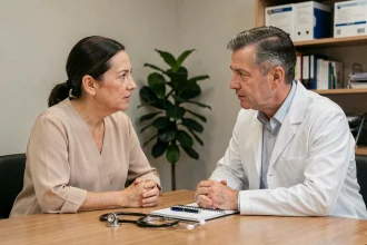 Femme en consultation médicale discutant d'un complément alimentaire avec son médecin généraliste dans un cabinet moderne