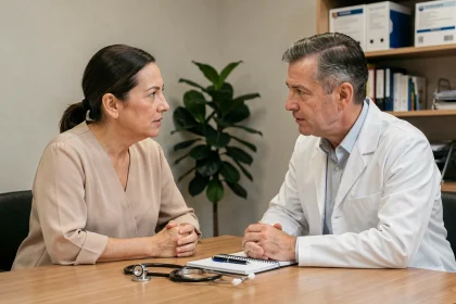Femme en consultation médicale discutant d'un complément alimentaire avec son médecin généraliste dans un cabinet moderne
