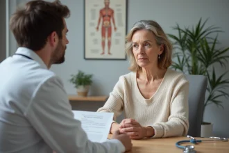 Consultation médicale entre une patiente et son médecin généraliste pour une maladie longue durée prise en charge à 100% par l'Assurance Maladie