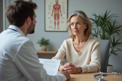 Consultation médicale entre une patiente et son médecin généraliste pour une maladie longue durée prise en charge à 100% par l'Assurance Maladie