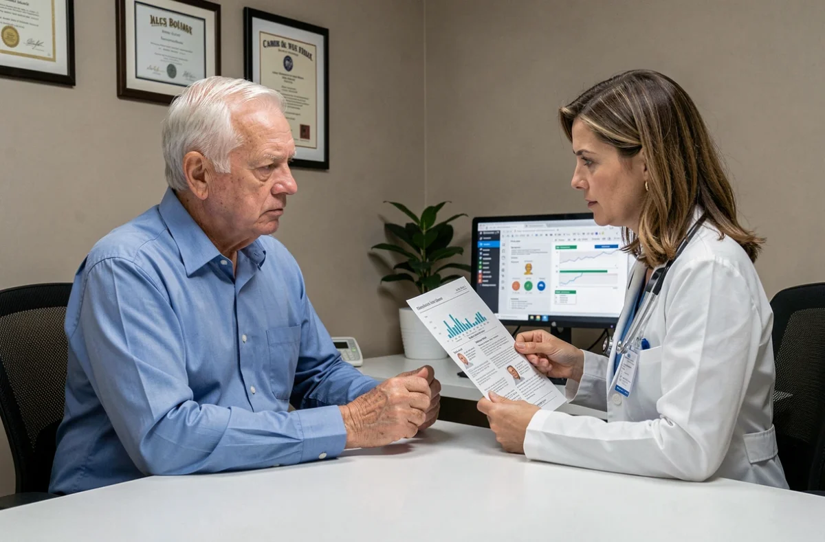 Médecin expliquant les risques des compléments cardiaques à un patient senior lors d'une consultation médicale