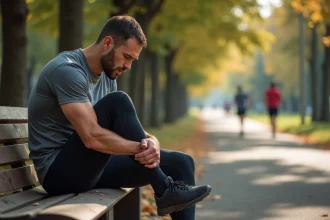 Coureur assis sur un banc tenant son mollet douloureux lors d'une contracture musculaire pendant la course à pied