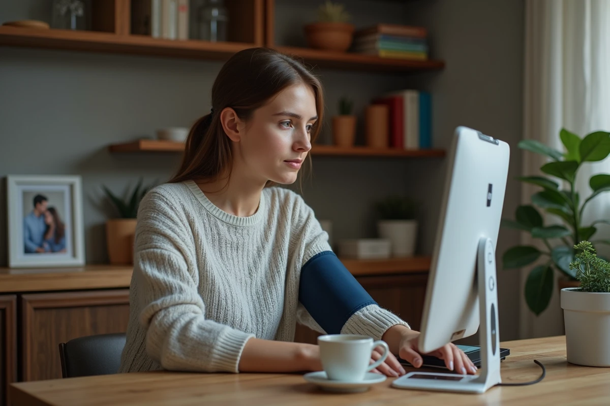 Femme jeune v&eacute;rifie sa tension &agrave; la maison avec moniteur digital