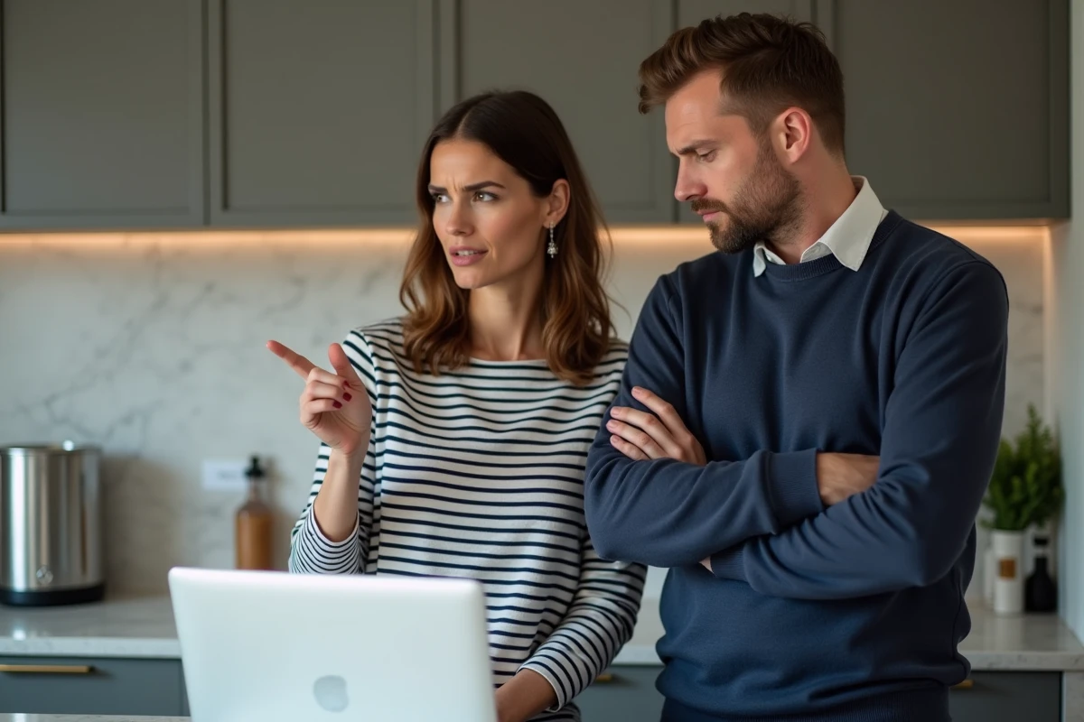 Couple consultant des avis négatifs sur un filtre Berkey devant un ordinateur portable dans une cuisine contemporaine